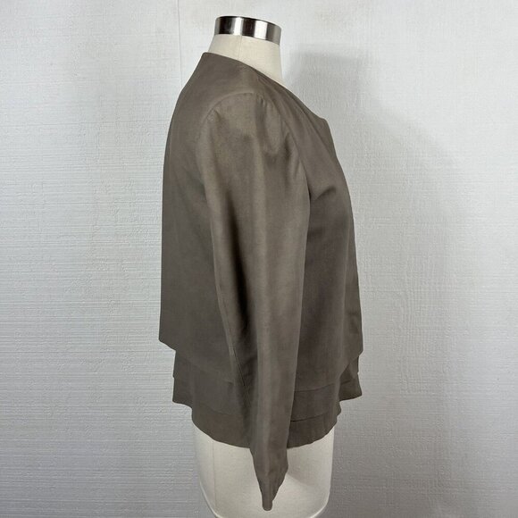 Joie Leather Jacket M Womens Beige Taupe Open Front Layered Hem Collarless - Picture 2 of 11